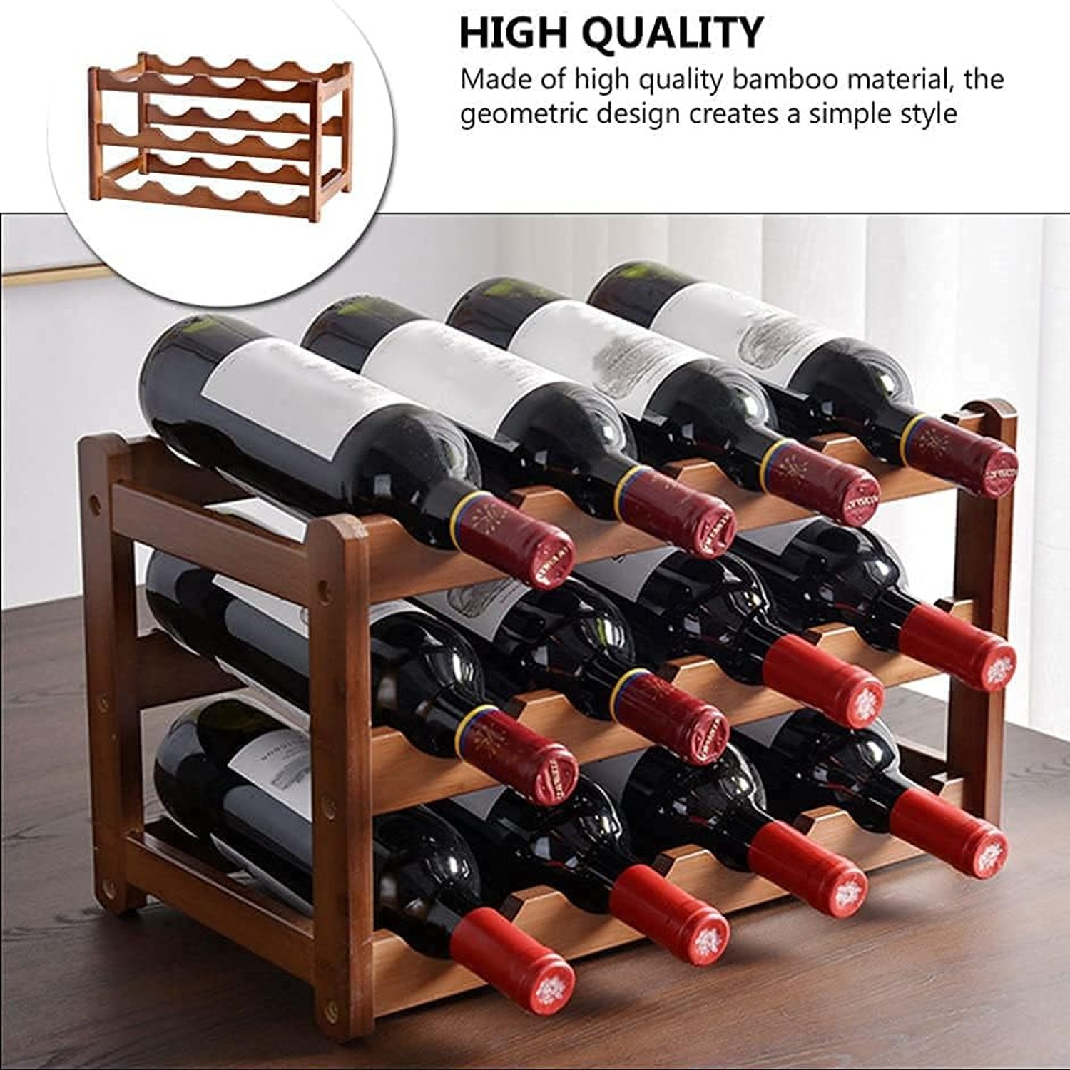 Bamboo 12 Bottle 3 Tier Countertop Wine Rack, detail view